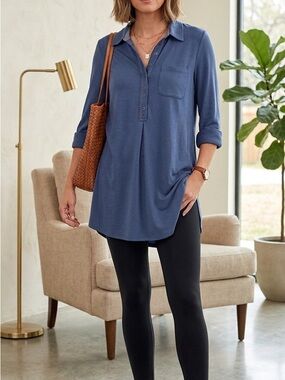 Soft Surroundings Dusty Navy Roll-Tab Button-Placket Tunic